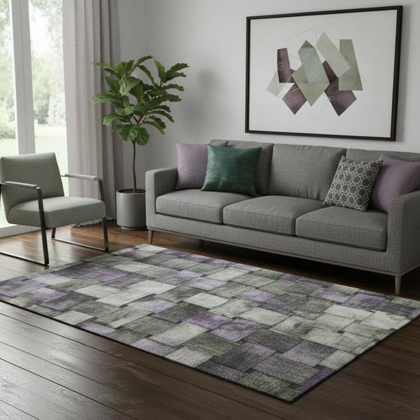 HomeRoots 8' Sage and Lavender Striped Washable Round Rug - Stain-Resistant, UV-Protected, Easy-Care Design 710235