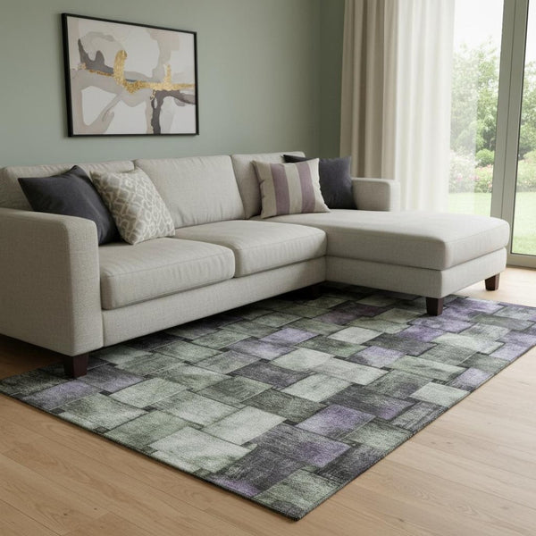 HomeRoots 9' X 12' Sage & Lavender Striped Area Rug - Washable, UV Protected, Durable, Easy-Care Design 710237