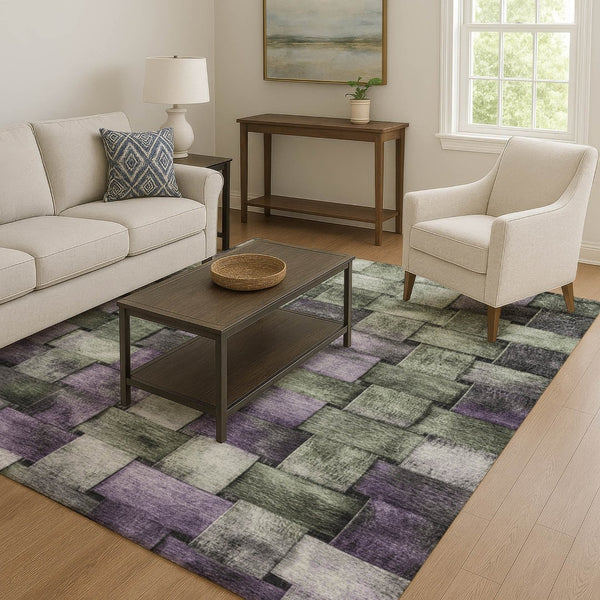 HomeRoots 9' X 12' Sage & Lavender Striped Area Rug - Washable, UV Protected, Durable, Easy-Care Design 710237