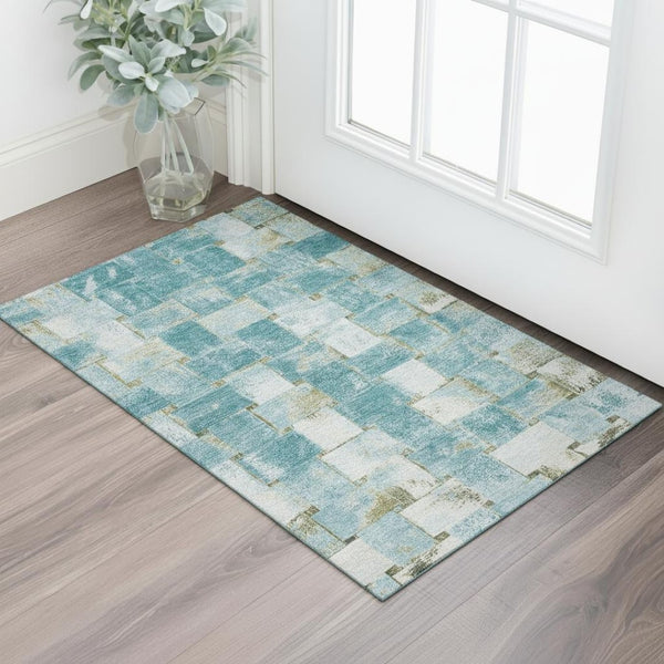 HomeRoots 5' X 8' Coastal Teal and Khaki Striped Washable Area Rug – Stain Resistant, UV Protected, Non-Slip Design 710240