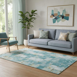 HomeRoots 8' Teal And Khaki Striped Round Rug – Washable, UV Protected, Durable for Homes with Kids & Pets 710241