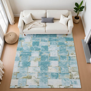 HomeRoots 8' Teal And Khaki Striped Round Rug – Washable, UV Protected, Durable for Homes with Kids & Pets 710241