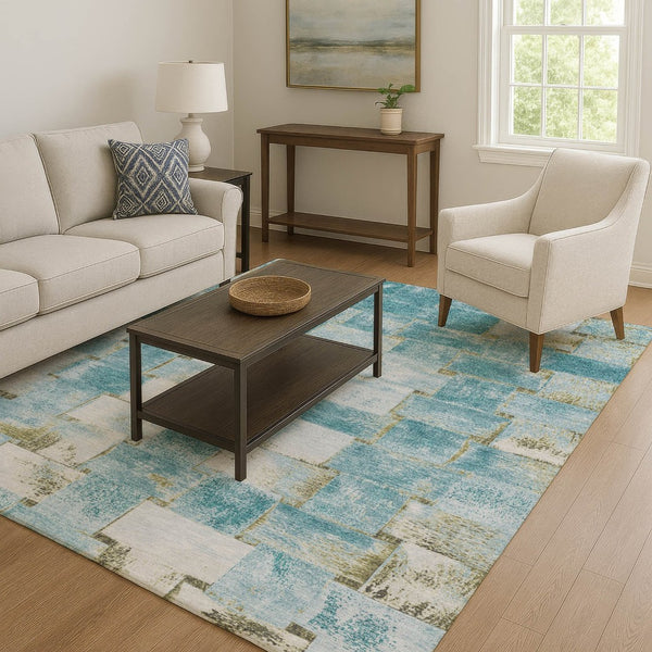HomeRoots 8' Teal And Khaki Striped Round Rug – Washable, UV Protected, Durable for Homes with Kids & Pets 710241