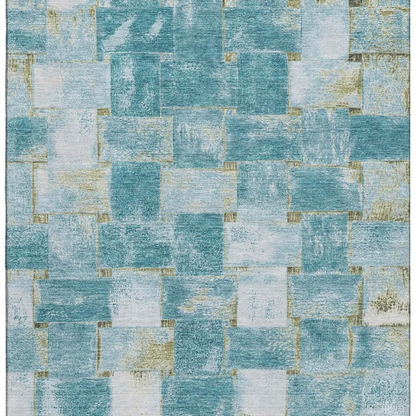 HomeRoots 8' Teal And Khaki Striped Round Rug – Washable, UV Protected, Durable for Homes with Kids & Pets 710241