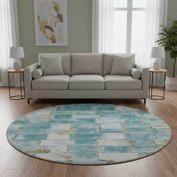 HomeRoots 8' X 10' Teal and Khaki Striped Area Rug - Durable, UV Protected, Stain-Resistant, Easy Care Design 710242