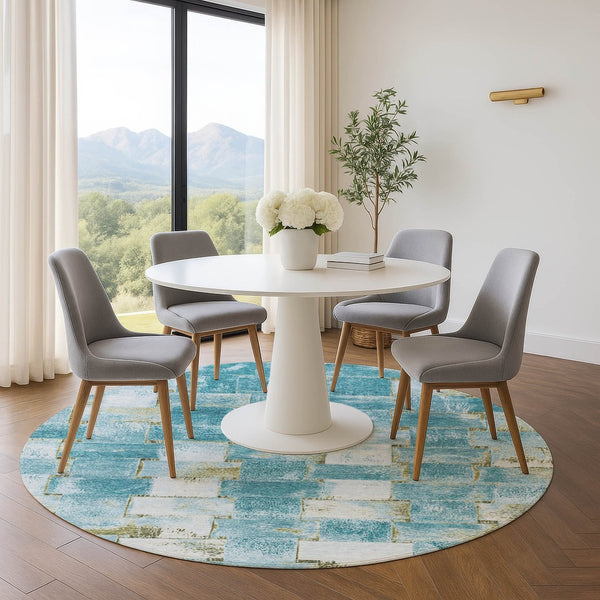 HomeRoots 8' X 10' Teal and Khaki Striped Area Rug - Durable, UV Protected, Stain-Resistant, Easy Care Design 710242
