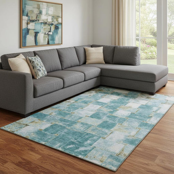 HomeRoots 9' X 12' Teal and Khaki Striped Area Rug – UV Protected, Stain-Resistant, Washable, Durable Design! 710243