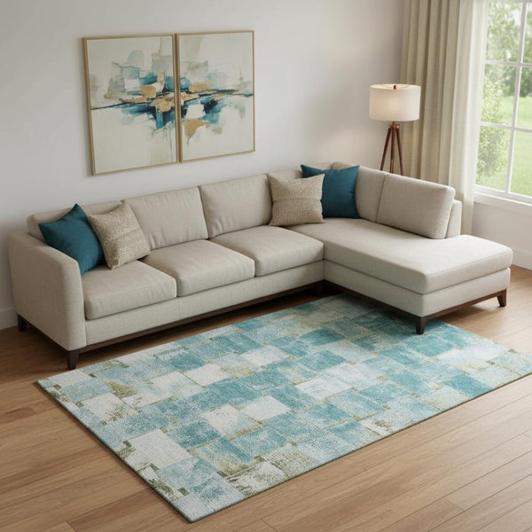 HomeRoots 10' X 14' Stylish Teal and Khaki Striped Area Rug - Washable, UV Protected, and Stain Resistant! 710244