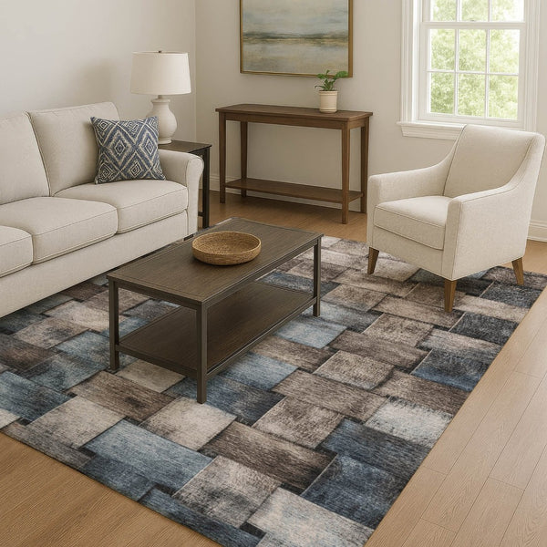 HomeRoots 5' X 8' Versatile Taupe and Blue Striped Area Rug – UV Protected, Washable, Kid & Pet Friendly! 710246