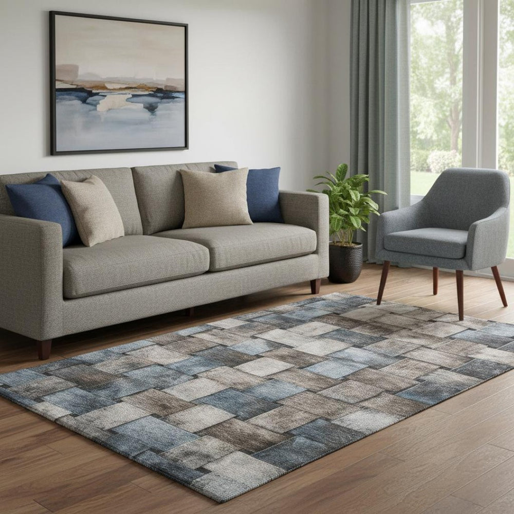 HomeRoots 8' Washable Round Rug in Taupe and Blue Stripes – UV Protected, Stain Resistant, Durable Design 710247