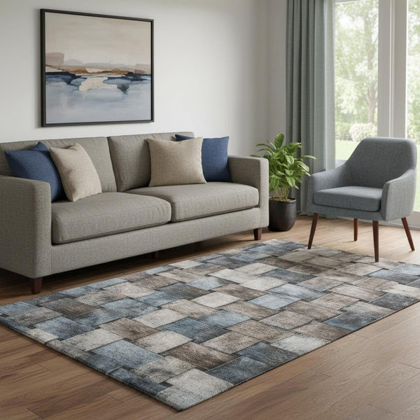 HomeRoots 8' Washable Round Rug in Taupe and Blue Stripes – UV Protected, Stain Resistant, Durable Design 710247