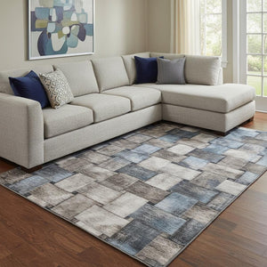 HomeRoots 9' X 12' Taupe and Blue Striped Area Rug – Washable, UV-Protected, Stylish for Living Spaces! 710249