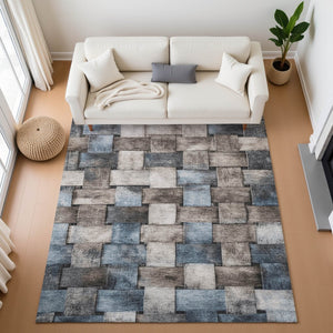HomeRoots 10' X 14' Taupe and Blue Striped Area Rug - Washable, UV Protected, Stain-Resistant for Busy Homes 710250