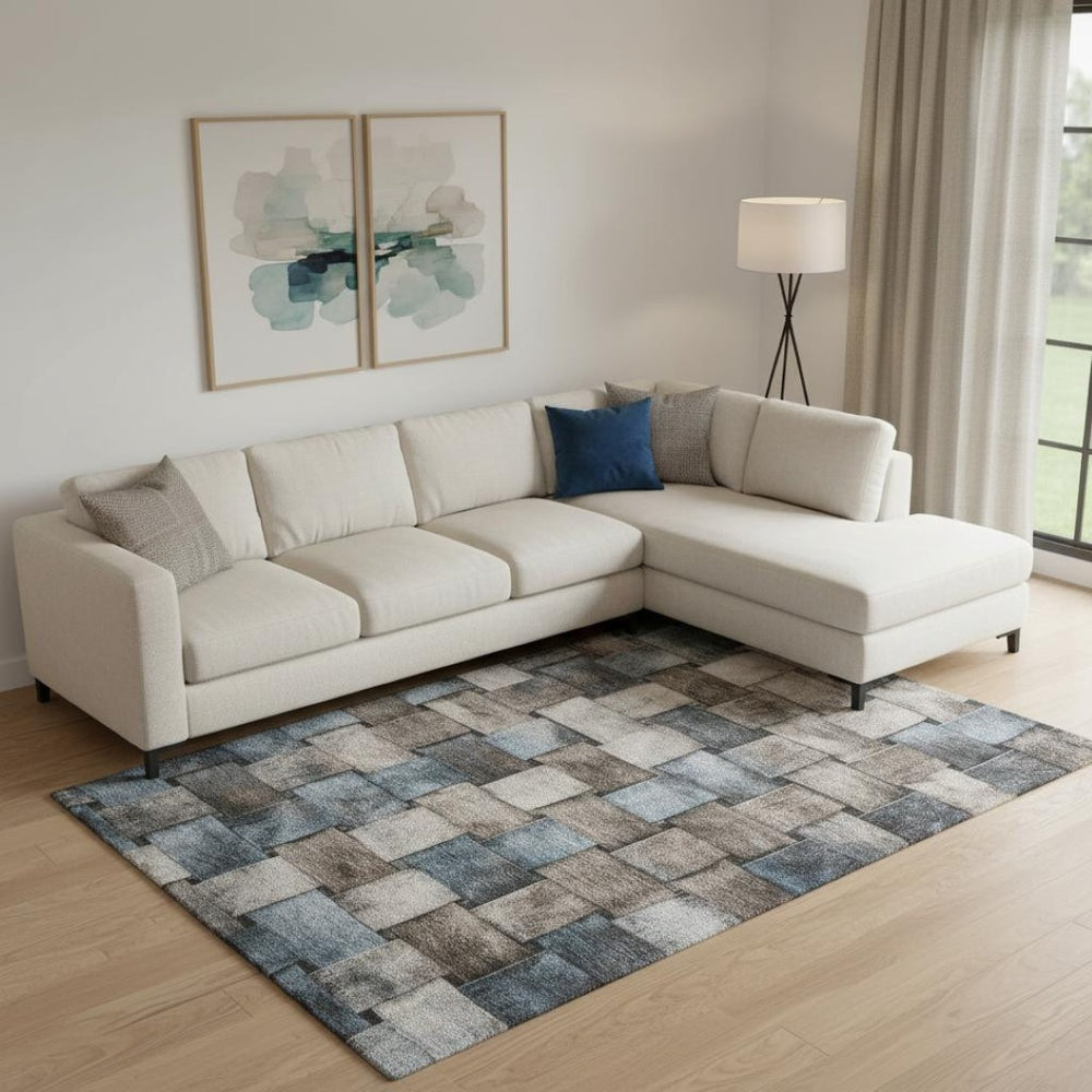 HomeRoots 10' X 14' Taupe and Blue Striped Area Rug - Washable, UV Protected, Stain-Resistant for Busy Homes 710250