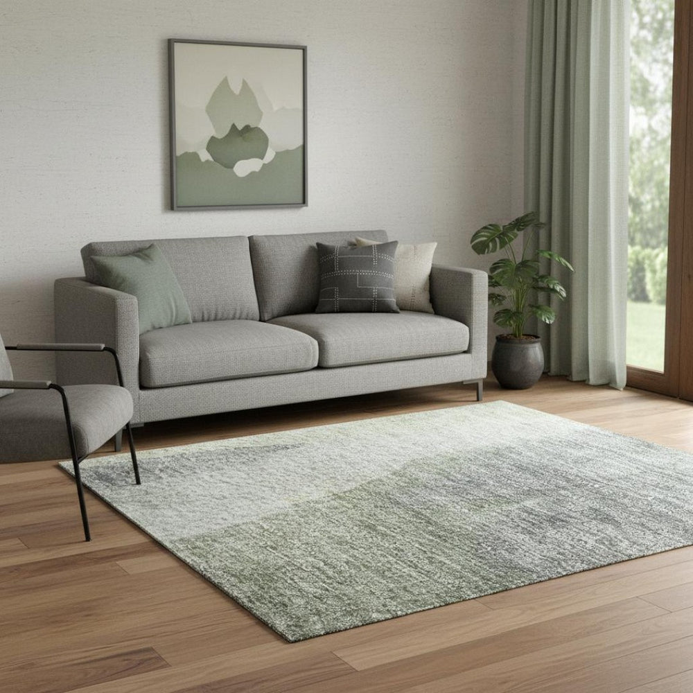 HomeRoots 8' Abstract Washable Round Rug in Artichoke Green, Gray & Beige - UV Protection & Easy Care Design 710253