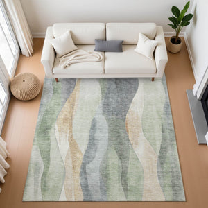 HomeRoots 10' X 14' Artichoke Green Gray Beige Abstract Washable Area Rug - Durable, UV-Protected & Stylish! 710256