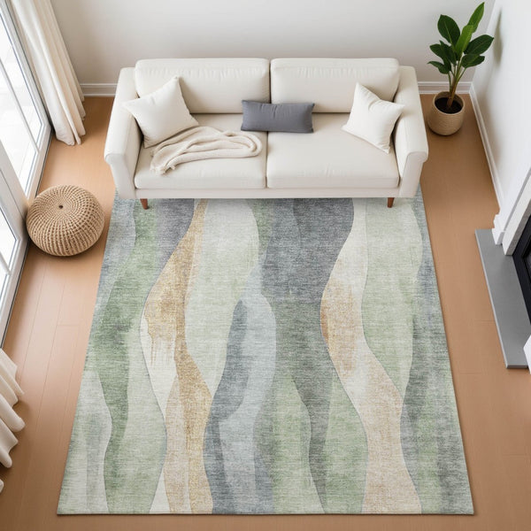 HomeRoots 10' X 14' Artichoke Green Gray Beige Abstract Washable Area Rug - Durable, UV-Protected & Stylish! 710256