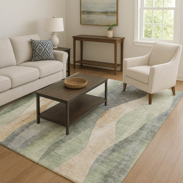 HomeRoots 10' X 14' Artichoke Green Gray Beige Abstract Washable Area Rug - Durable, UV-Protected & Stylish! 710256