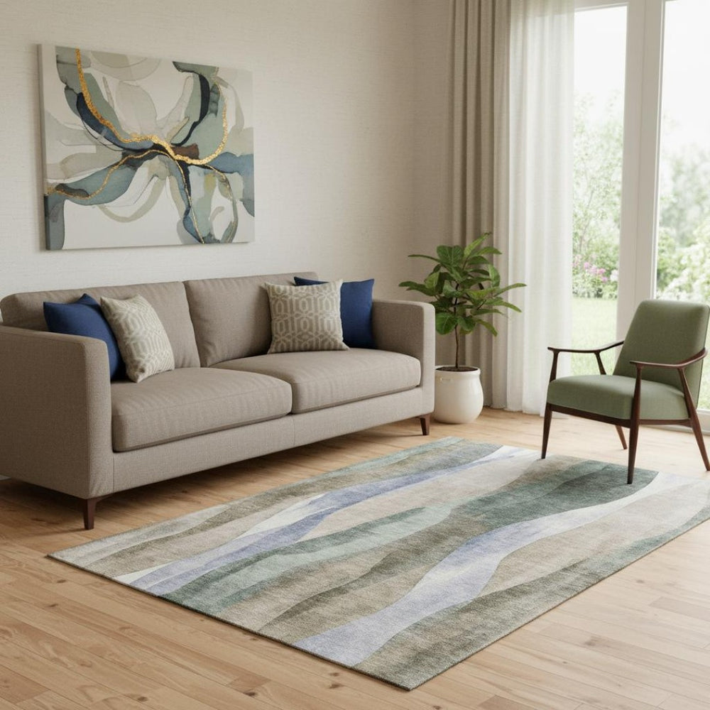 HomeRoots 8' Round Washable Abstract Rug in Beige, Blue & Ivory - UV Protected, Durable, and Easy Care! 710259