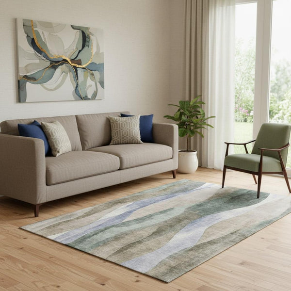 HomeRoots 8' Round Washable Abstract Rug in Beige, Blue & Ivory - UV Protected, Durable, and Easy Care! 710259
