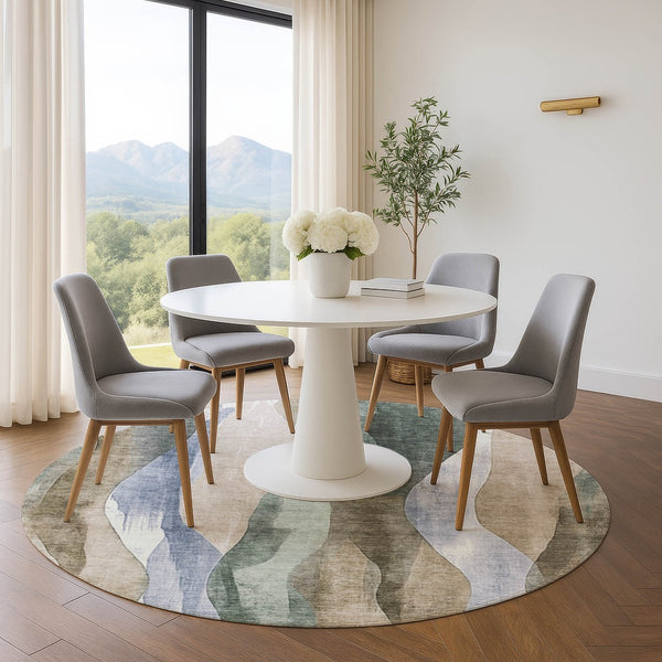 HomeRoots 8' X 10' Abstract Washable Area Rug in Beige, Blue & Ivory - UV Protected, Stain Resistant, Durable Design 710260