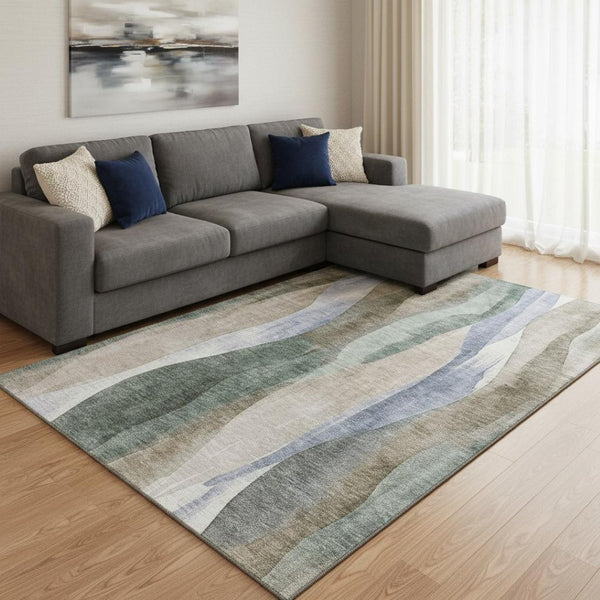 HomeRoots 9' X 12' Beige Blue Ivory Abstract Area Rug - Washable, UV Protected, Stain-Resistant, Durable Design 710261