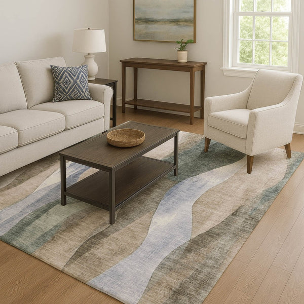 HomeRoots 9' X 12' Beige Blue Ivory Abstract Area Rug - Washable, UV Protected, Stain-Resistant, Durable Design 710261