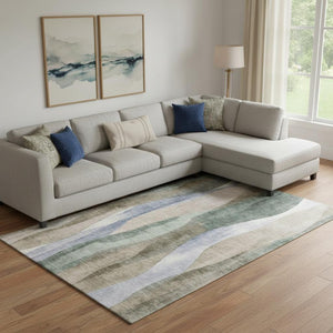 HomeRoots 10' X 14' Abstract Washable Area Rug in Beige, Blue & Ivory - UV Protected, Durable & Stylish! 710262
