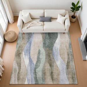 HomeRoots 10' X 14' Abstract Washable Area Rug in Beige, Blue & Ivory - UV Protected, Durable & Stylish! 710262