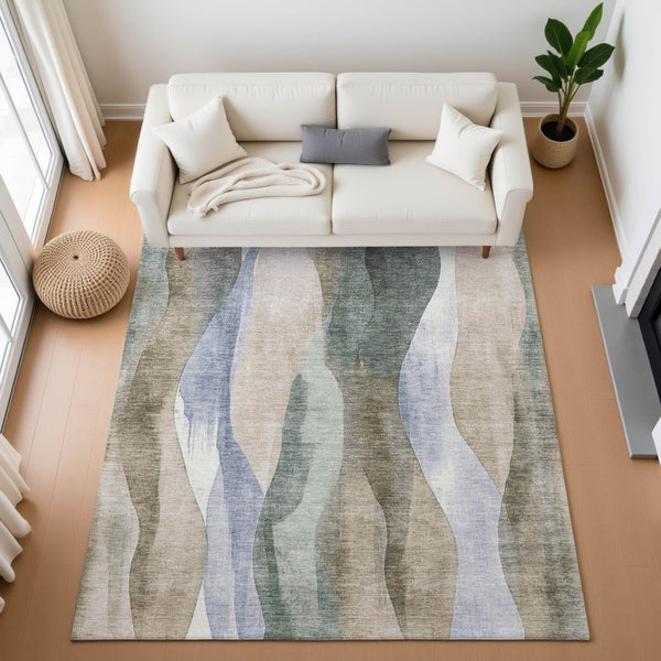 HomeRoots 10' X 14' Abstract Washable Area Rug in Beige, Blue & Ivory - UV Protected, Durable & Stylish! 710262
