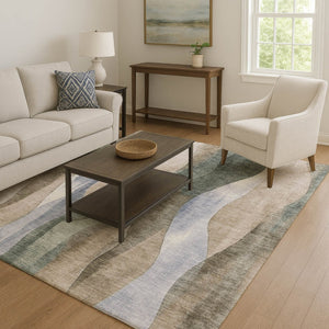 HomeRoots 10' X 14' Abstract Washable Area Rug in Beige, Blue & Ivory - UV Protected, Durable & Stylish! 710262