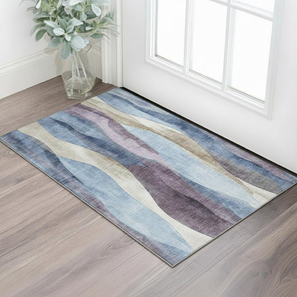 HomeRoots 5' X 8' Denim Blue Purple Abstract Washable Area Rug - UV Protected, Stain Resistant, Easy Care 710264