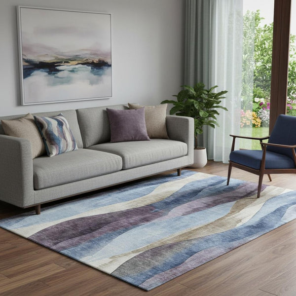 HomeRoots 8' Modern Abstract Denim Blue, Purple & Beige Washable Round Rug - UV Protected, Stain Resistant! 710265