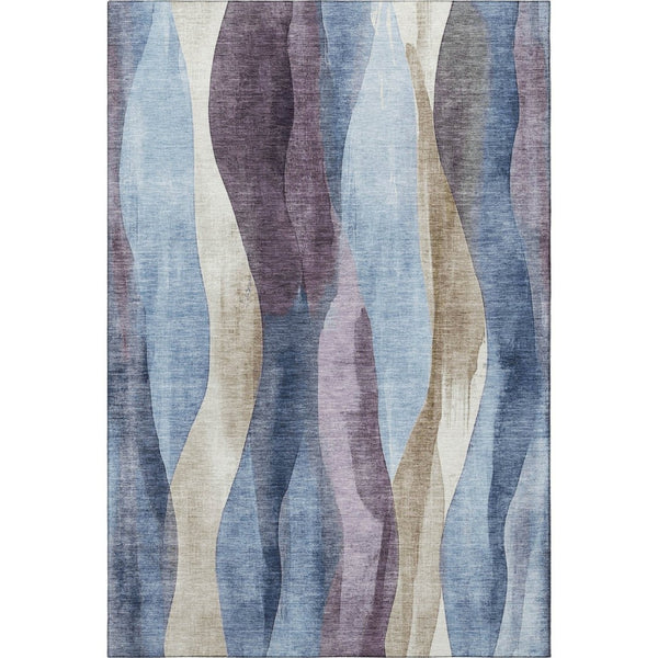 HomeRoots 8' Modern Abstract Denim Blue, Purple & Beige Washable Round Rug - UV Protected, Stain Resistant! 710265