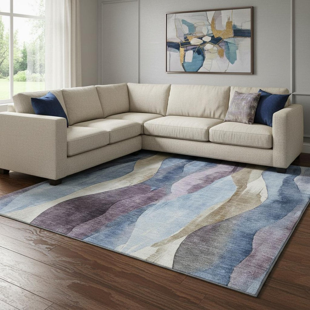 HomeRoots 9' X 12' Abstract Denim Blue, Purple & Beige Area Rug - Washable, UV Protected & Stain-Resistant! 710267