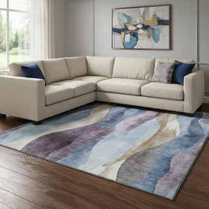 HomeRoots 9' X 12' Abstract Denim Blue, Purple & Beige Area Rug - Washable, UV Protected & Stain-Resistant! 710267