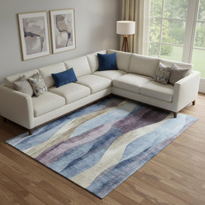 HomeRoots 10' X 14' Stylish Abstract Area Rug in Denim Blue, Purple & Beige - Washable, UV-Protected & Durable 710268