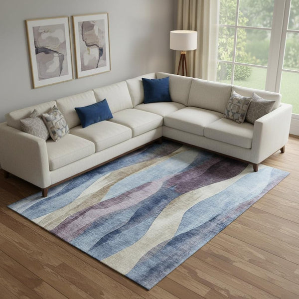 HomeRoots 10' X 14' Stylish Abstract Area Rug in Denim Blue, Purple & Beige - Washable, UV-Protected & Durable 710268