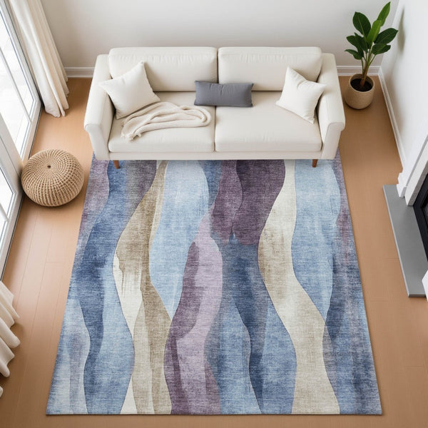HomeRoots 10' X 14' Stylish Abstract Area Rug in Denim Blue, Purple & Beige - Washable, UV-Protected & Durable 710268