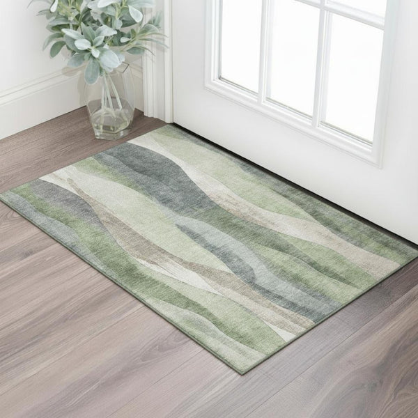 HomeRoots 5' X 8' Stylish Fern Green and Beige Abstract Washable Area Rug with UV Protection for Busy Homes 710270