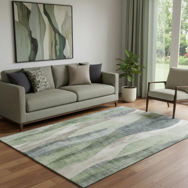 HomeRoots 8' Washable Round Rug in Fern Green, Beige & Gray – Stain Resistant, UV Protected, Stylish Home Decor 710271