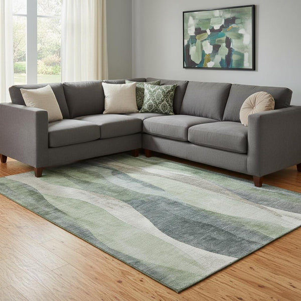 HomeRoots 9' X 12' Abstract Area Rug in Fern Green, Beige & Gray - Washable, UV-Protected, Durable Design! 710273