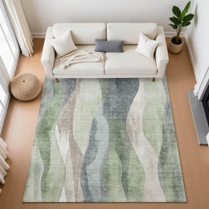 HomeRoots 9' X 12' Abstract Area Rug in Fern Green, Beige & Gray - Washable, UV-Protected, Durable Design! 710273