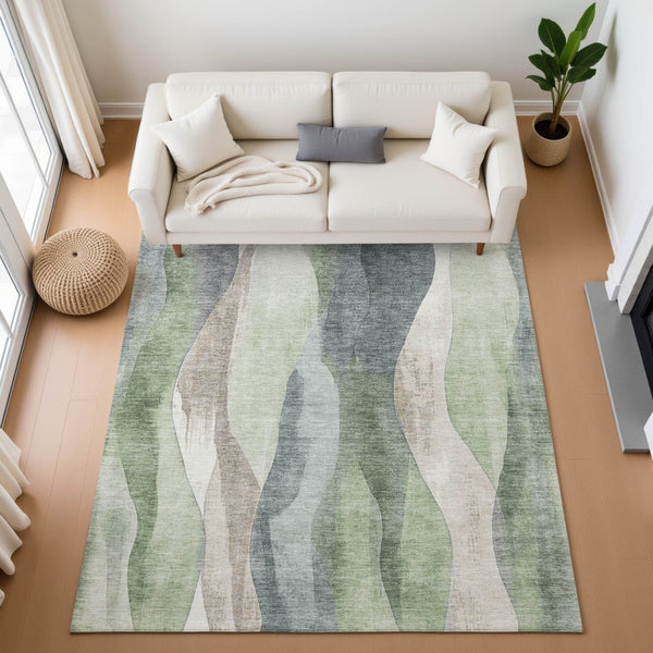 HomeRoots 9' X 12' Abstract Area Rug in Fern Green, Beige & Gray - Washable, UV-Protected, Durable Design! 710273