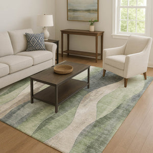 HomeRoots 9' X 12' Abstract Area Rug in Fern Green, Beige & Gray - Washable, UV-Protected, Durable Design! 710273
