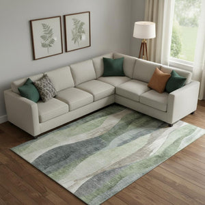 HomeRoots 10' X 14' Washable Fern Green Beige Gray Area Rug - UV Protected, Stain Resistant for Family Spaces 710274