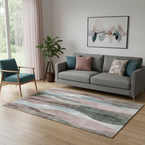 HomeRoots 8' Washable Round Rug in Salmon Blue & Mauve Abstract Design - UV Protected, Durable & Stylish! 710277