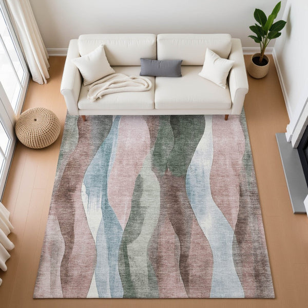 HomeRoots 8' Washable Round Rug in Salmon Blue & Mauve Abstract Design - UV Protected, Durable & Stylish! 710277