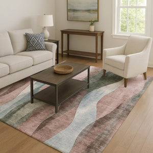 HomeRoots 8' Washable Round Rug in Salmon Blue & Mauve Abstract Design - UV Protected, Durable & Stylish! 710277