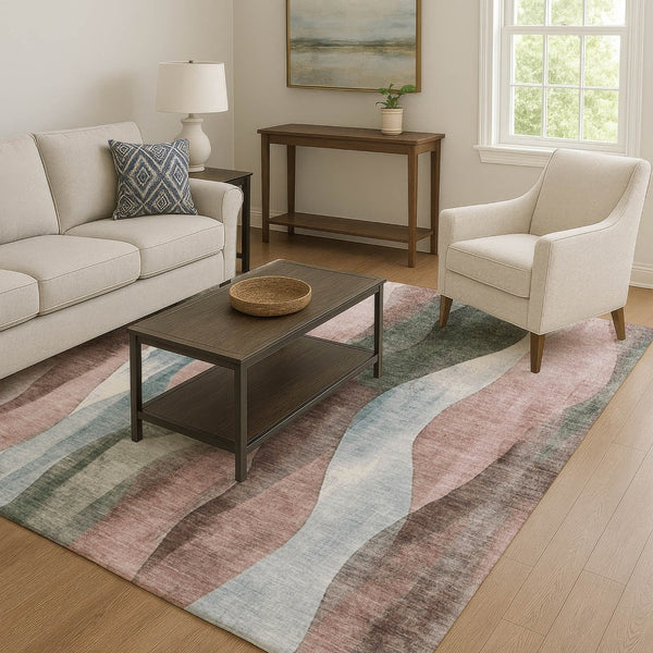 HomeRoots 8' Washable Round Rug in Salmon Blue & Mauve Abstract Design - UV Protected, Durable & Stylish! 710277